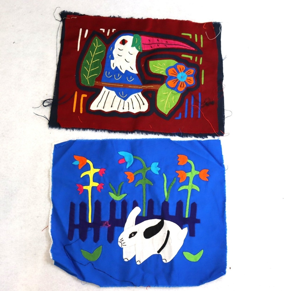 Vintage Kuna Mola Textile Panels Pair Folk Art Animals
